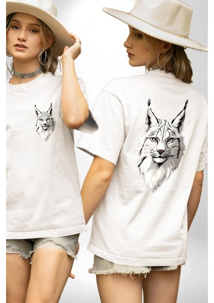 Doğa ve Hayvanseverlere Özel Vaşak Beyaz Oversize Kadın Erkek Ön ve Sırt Baskılı Tişört