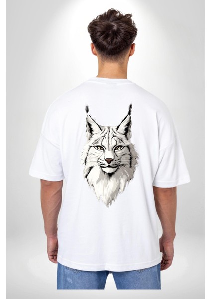 Doğa ve Hayvanseverlere Özel Vaşak Beyaz Oversize Kadın Erkek Ön ve Sırt Baskılı Tişört fiyatları