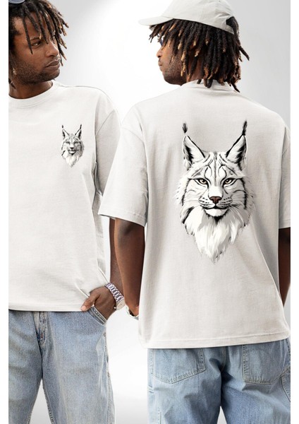 Doğa ve Hayvanseverlere Özel Vaşak Beyaz Oversize Kadın Erkek Ön ve Sırt Baskılı Tişört fırsatları