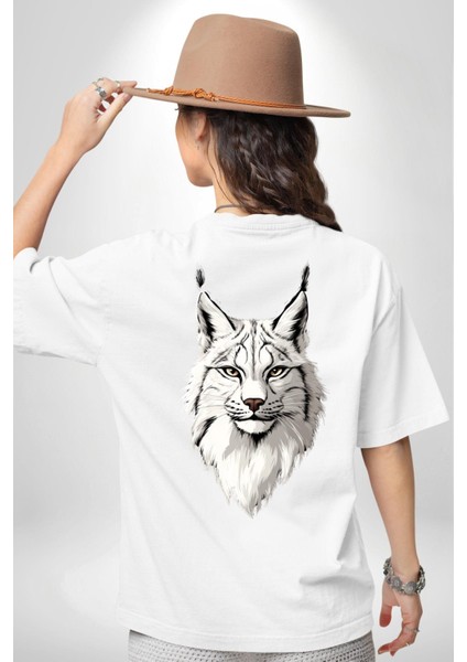 Doğa ve Hayvanseverlere Özel Vaşak Beyaz Oversize Kadın Erkek Ön ve Sırt Baskılı Tişört indirimleri