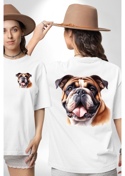 Efsane Bulldog Köpek Dostu Beyaz Oversize Kadın Erkek Ön ve Sırt Baskılı Tişört