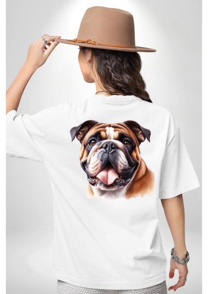 Efsane Bulldog Köpek Dostu Beyaz Oversize Kadın Erkek Ön ve Sırt Baskılı Tişört fiyatları