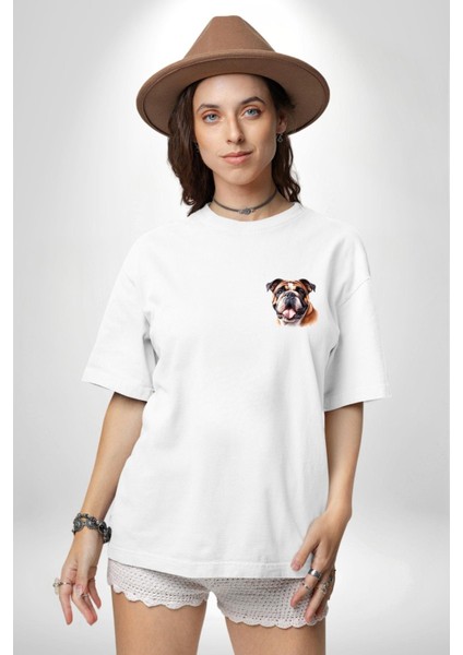Efsane Bulldog Köpek Dostu Beyaz Oversize Kadın Erkek Ön ve Sırt Baskılı Tişört modelleri