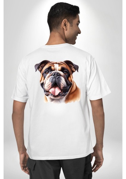 Efsane Bulldog Köpek Dostu Beyaz Oversize Kadın Erkek Ön ve Sırt Baskılı Tişört indirimleri