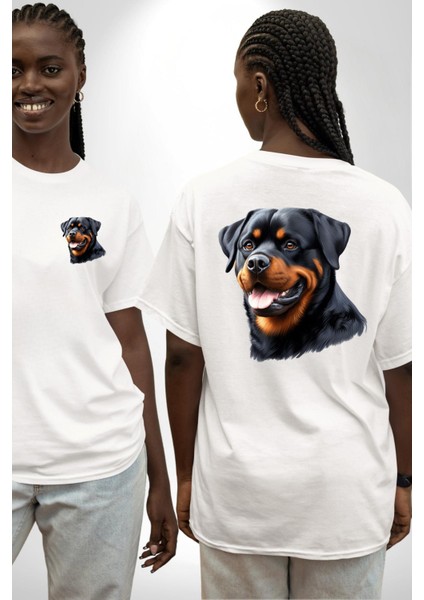 Cesur Rottweiler Sadık Güçlü Köpek Aşkı Beyaz Oversize Kadın Erkek Ön ve Sırt Baskılı Tişört