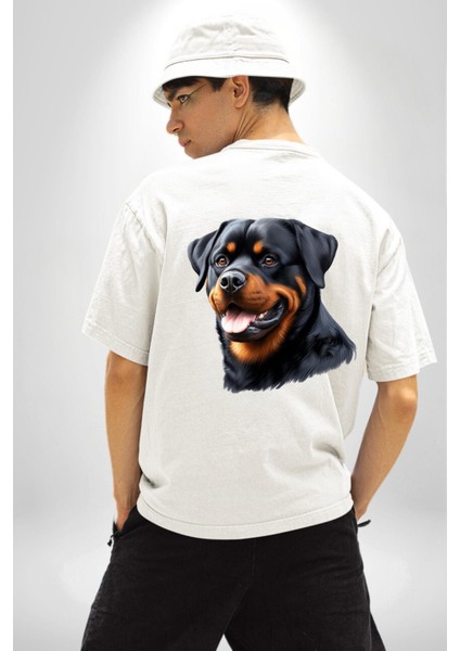 Cesur Rottweiler Sadık Güçlü Köpek Aşkı Beyaz Oversize Kadın Erkek Ön ve Sırt Baskılı Tişört fiyatları