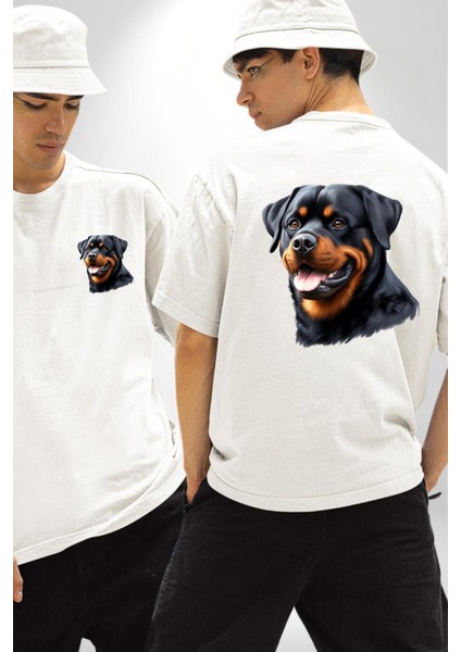 Cesur Rottweiler Sadık Güçlü Köpek Aşkı Beyaz Oversize Kadın Erkek Ön ve Sırt Baskılı Tişört fırsatları