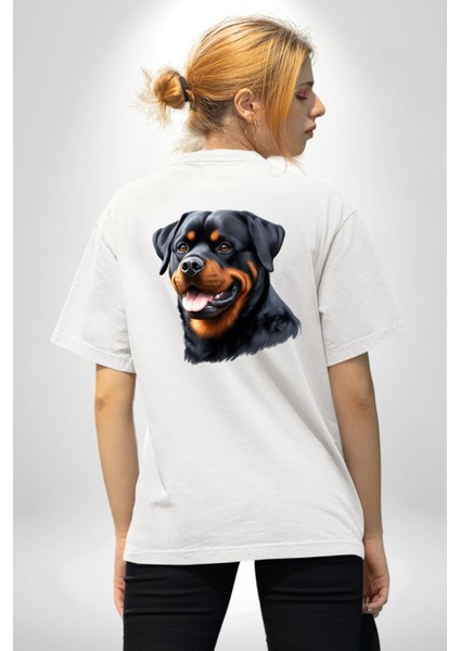 Cesur Rottweiler Sadık Güçlü Köpek Aşkı Beyaz Oversize Kadın Erkek Ön ve Sırt Baskılı Tişört indirimleri