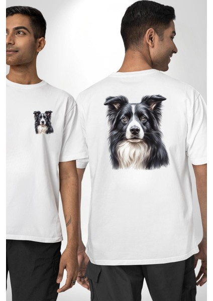 Tatlı Border Collie Enerjik Zeki Köpek Tasarımı Beyaz Oversize Kadın Erkek Ön ve Sırt Baskılı Tişört