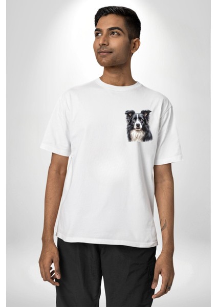 Tatlı Border Collie Enerjik Zeki Köpek Tasarımı Beyaz Oversize Kadın Erkek Ön ve Sırt Baskılı Tişört modelleri
