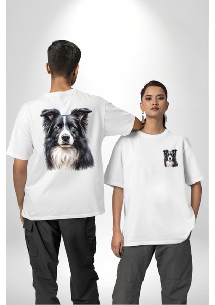 Tatlı Border Collie Enerjik Zeki Köpek Tasarımı Beyaz Oversize Kadın Erkek Ön ve Sırt Baskılı Tişört fırsatları