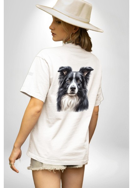 Tatlı Border Collie Enerjik Zeki Köpek Tasarımı Beyaz Oversize Kadın Erkek Ön ve Sırt Baskılı Tişört indirimleri