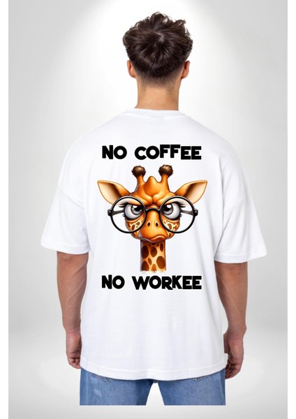 Kahvesiz Iş Olmaz Yazılı "eğlenceli Kahve Beyaz Oversize Kadın Erkek Ön ve Sırt Baskılı Tişört fiyatları