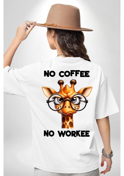 Kahvesiz Iş Olmaz Yazılı "eğlenceli Kahve Beyaz Oversize Kadın Erkek Ön ve Sırt Baskılı Tişört indirimleri