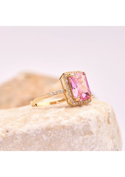 14 Ayar Altın Tektaş Pembe Topaz Yüzük, Zarif Doğum Taşı Hediyesi fiyatları