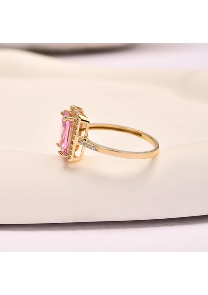 14 Ayar Altın Tektaş Pembe Topaz Yüzük, Zarif Doğum Taşı Hediyesi fırsatları