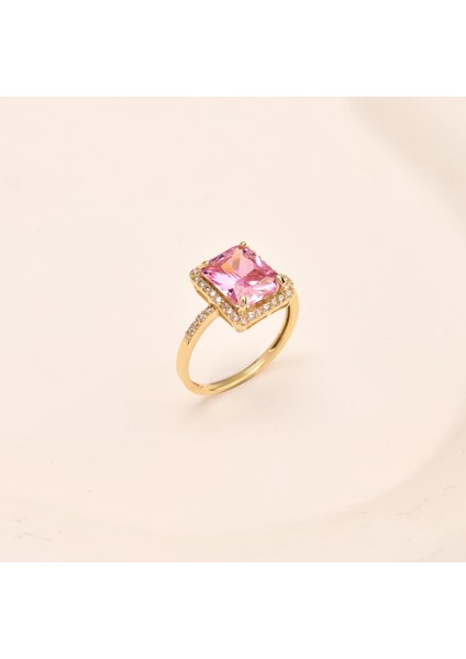 14 Ayar Altın Tektaş Pembe Topaz Yüzük, Zarif Doğum Taşı Hediyesi indirimleri