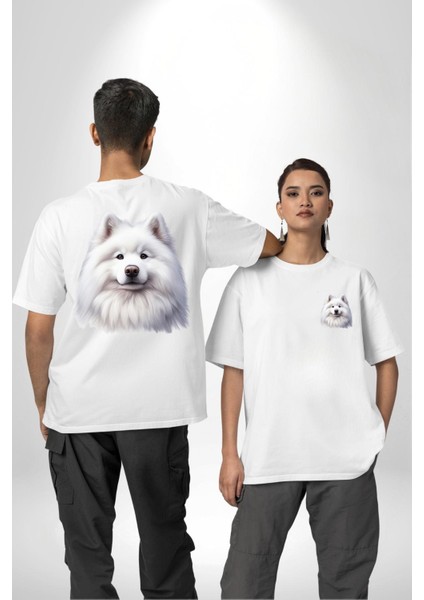 Beyaz Samoyed Köpek Beyaz Oversize Kadın Erkek Ön ve Sırt Baskılı Tişört