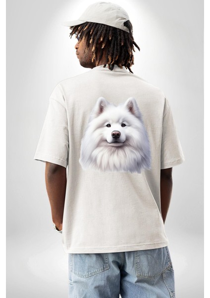 Beyaz Samoyed Köpek Beyaz Oversize Kadın Erkek Ön ve Sırt Baskılı Tişört fiyatları