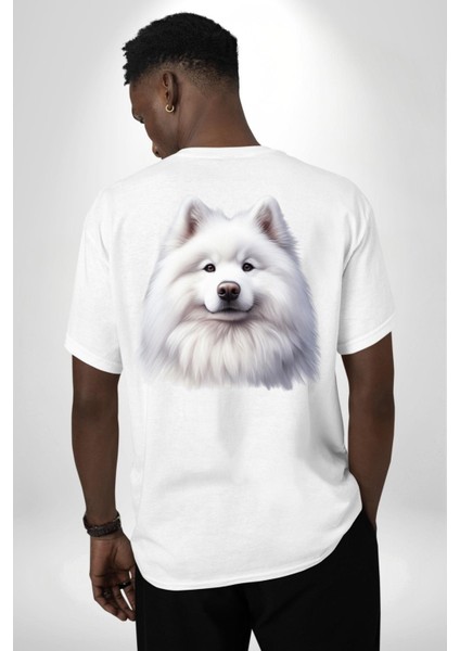 Beyaz Samoyed Köpek Beyaz Oversize Kadın Erkek Ön ve Sırt Baskılı Tişört indirimleri