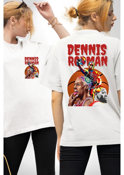 Basketbolun Efsane Ismi Renkli Yüzü Beyaz Oversize Kadın Erkek Ön ve Sırt Baskılı Tişört