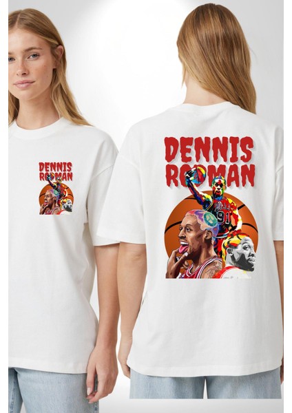 Basketbolun Efsane Ismi Renkli Yüzü Beyaz Oversize Kadın Erkek Ön ve Sırt Baskılı Tişört fırsatları