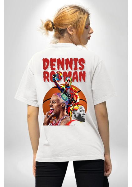 Basketbolun Efsane Ismi Renkli Yüzü Beyaz Oversize Kadın Erkek Ön ve Sırt Baskılı Tişört indirimleri