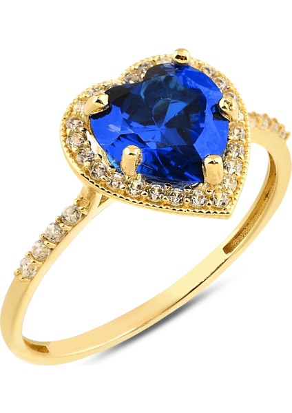 14 Ayar Altın Kalp Kesim Safir Yüzük, Safir Gelin Yüzüğü, Yıldönümü Nişan Yüzüğü