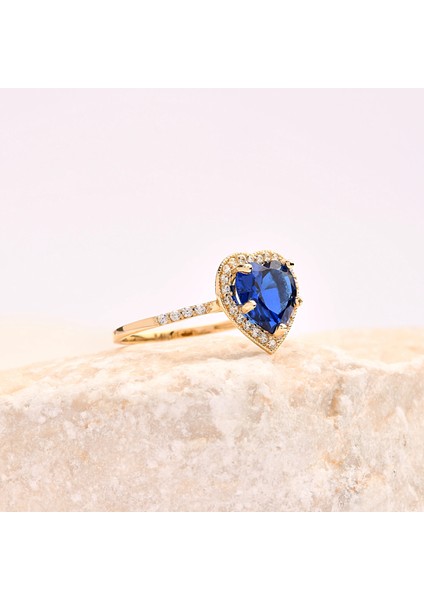 14 Ayar Altın Kalp Kesim Safir Yüzük, Safir Gelin Yüzüğü, Yıldönümü Nişan Yüzüğü fiyatları