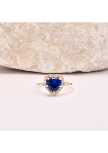 14 Ayar Altın Kalp Kesim Safir Yüzük, Safir Gelin Yüzüğü, Yıldönümü Nişan Yüzüğü modelleri