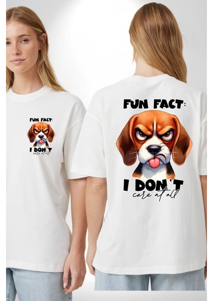Ilgilenmiyorum Yazılı Düşünceli Beagle Köpek Beyaz Oversize Kadın Erkek Ön ve Sırt Baskılı Tişört