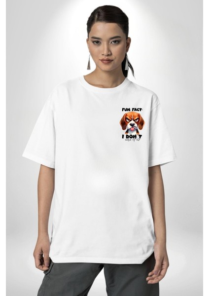 Ilgilenmiyorum Yazılı Düşünceli Beagle Köpek Beyaz Oversize Kadın Erkek Ön ve Sırt Baskılı Tişört modelleri