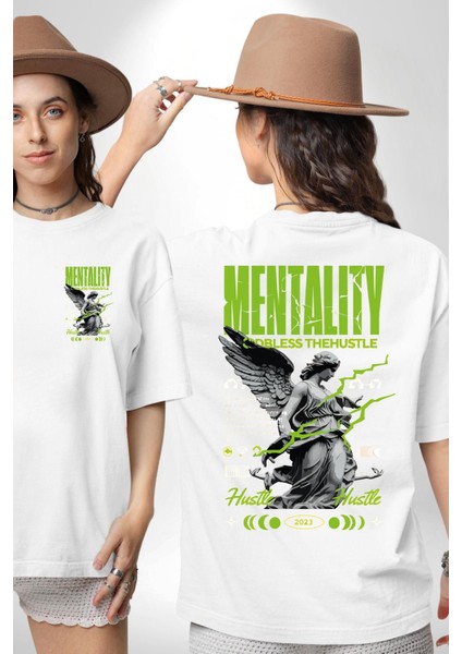 Zihniyet Telaşı Yazılı Melek Beyaz Oversize Kadın Erkek Ön ve Sırt Baskılı Tişört