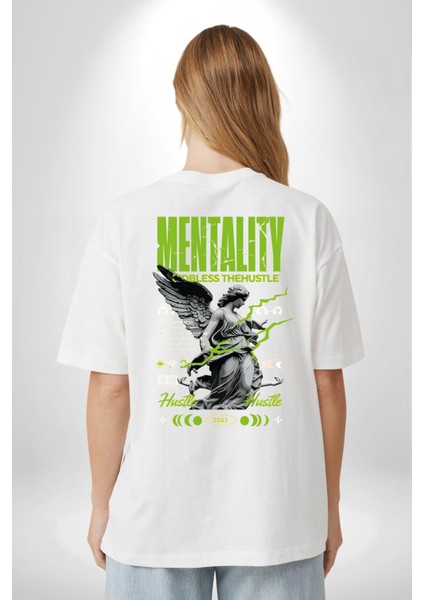 Zihniyet Telaşı Yazılı Melek Beyaz Oversize Kadın Erkek Ön ve Sırt Baskılı Tişört fiyatları