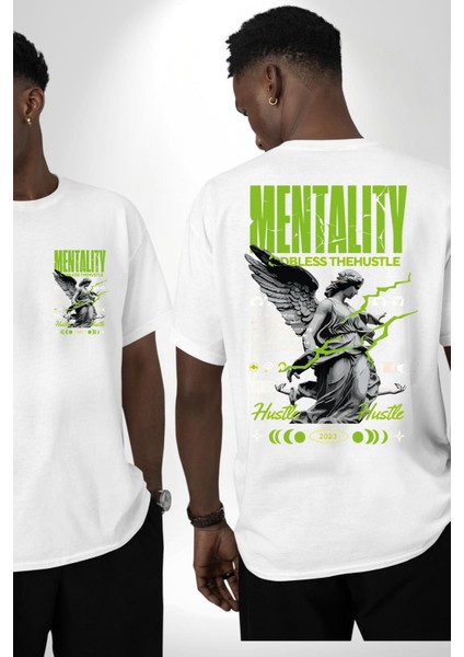 Zihniyet Telaşı Yazılı Melek Beyaz Oversize Kadın Erkek Ön ve Sırt Baskılı Tişört fırsatları