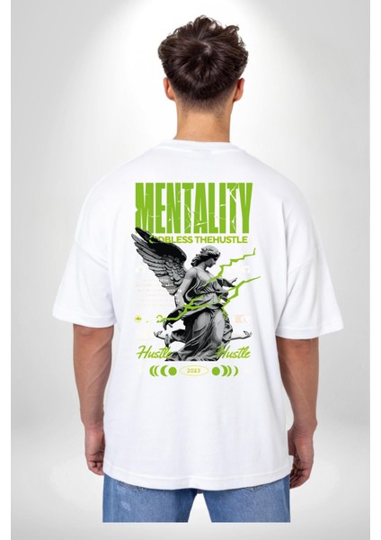 Zihniyet Telaşı Yazılı Melek Beyaz Oversize Kadın Erkek Ön ve Sırt Baskılı Tişört indirimleri