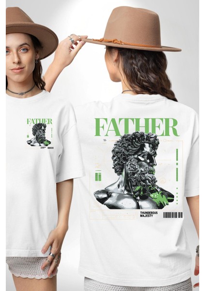 Mitolojik Lider Modern Baba Tasarımı Beyaz Oversize Kadın Erkek Ön ve Sırt Baskılı Tişört
