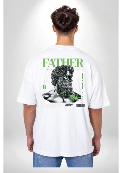 Mitolojik Lider Modern Baba Tasarımı Beyaz Oversize Kadın Erkek Ön ve Sırt Baskılı Tişört fiyatları