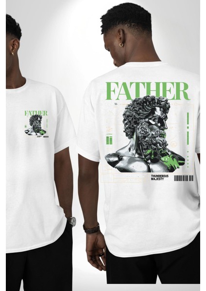 Mitolojik Lider Modern Baba Tasarımı Beyaz Oversize Kadın Erkek Ön ve Sırt Baskılı Tişört fırsatları