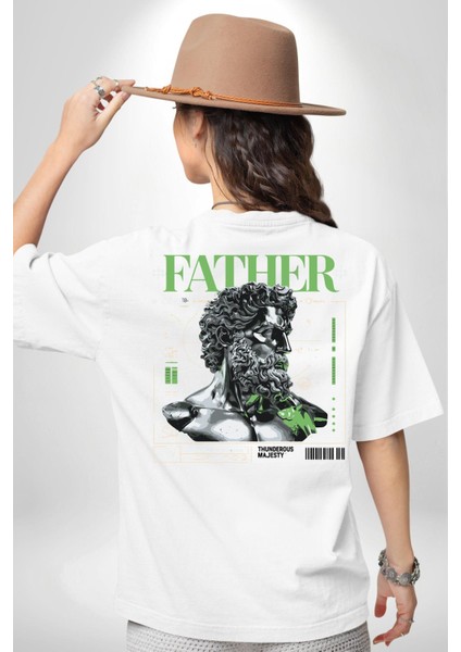 Mitolojik Lider Modern Baba Tasarımı Beyaz Oversize Kadın Erkek Ön ve Sırt Baskılı Tişört indirimleri