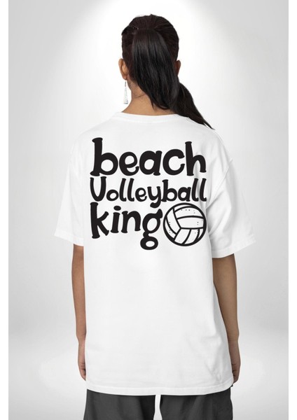 Plaj Voleybol Kıralı Yazılı Beyaz Oversize Kadın Erkek Ön ve Sırt Baskılı Tişört fiyatları