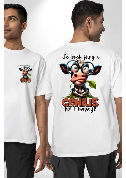 Zeki Inek Komik Dahi Tasarımı Beyaz Oversize Kadın Erkek Ön ve Sırt Baskılı Tişört