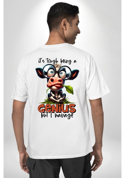 Zeki Inek Komik Dahi Tasarımı Beyaz Oversize Kadın Erkek Ön ve Sırt Baskılı Tişört fiyatları