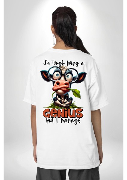Zeki Inek Komik Dahi Tasarımı Beyaz Oversize Kadın Erkek Ön ve Sırt Baskılı Tişört indirimleri