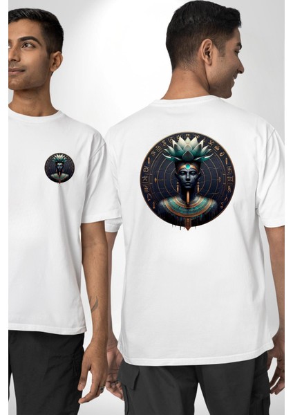 Nefertum Güzellik ve Şifa Tanrısı Mısır Beyaz Oversize Kadın Erkek Ön ve Sırt Baskılı Tişört