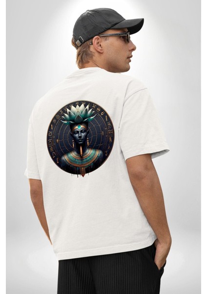 Nefertum Güzellik ve Şifa Tanrısı Mısır Beyaz Oversize Kadın Erkek Ön ve Sırt Baskılı Tişört fiyatları