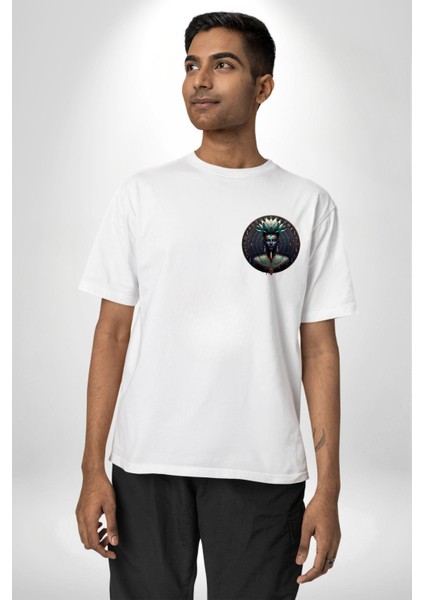 Nefertum Güzellik ve Şifa Tanrısı Mısır Beyaz Oversize Kadın Erkek Ön ve Sırt Baskılı Tişört modelleri