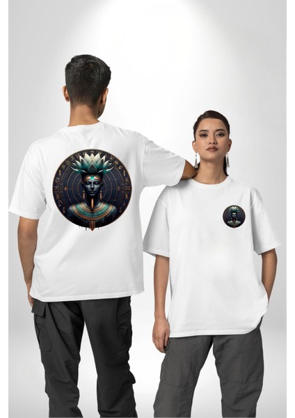 Nefertum Güzellik ve Şifa Tanrısı Mısır Beyaz Oversize Kadın Erkek Ön ve Sırt Baskılı Tişört fırsatları