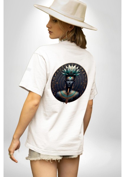 Nefertum Güzellik ve Şifa Tanrısı Mısır Beyaz Oversize Kadın Erkek Ön ve Sırt Baskılı Tişört indirimleri