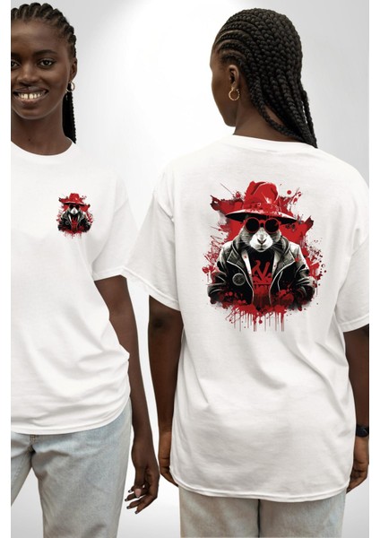 Kırmızı Şapkalı Asi Tavşan Beyaz Oversize Kadın Erkek Ön ve Sırt Baskılı Tişört